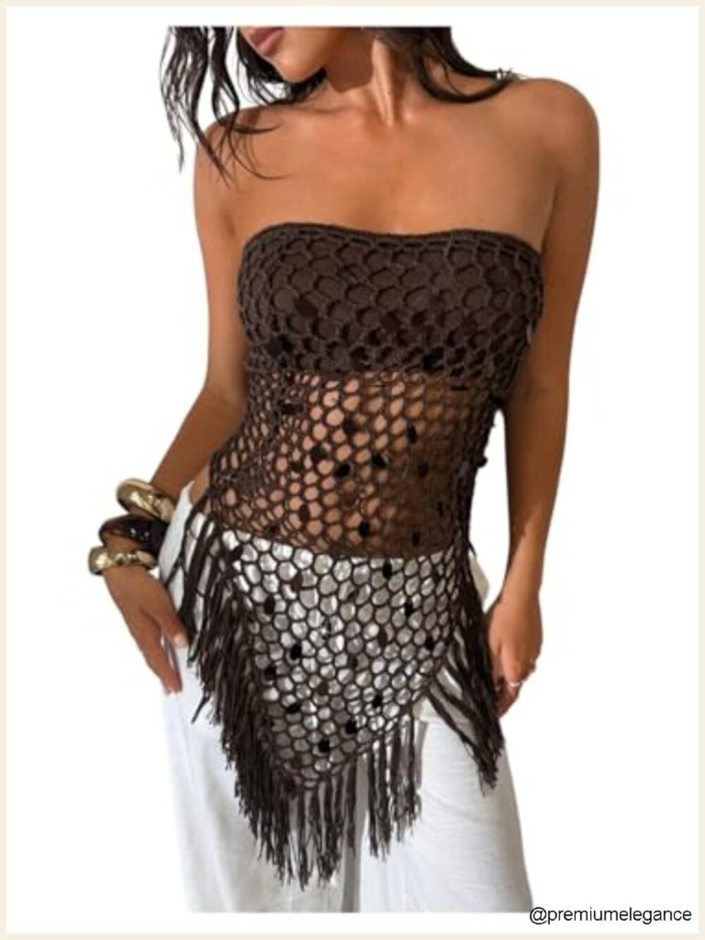 Crochet Sequin Tube Top Asymmetrical Fringe Knit Beach Cover Up